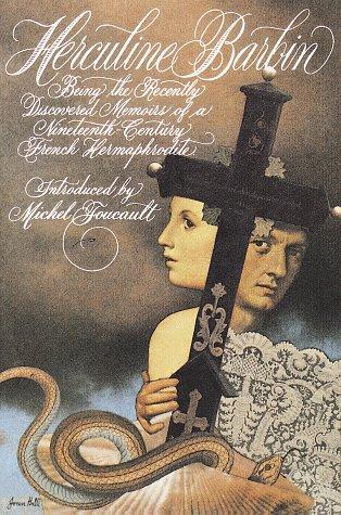 One of the covers for Michel Foucault's "Herculine Barbin: Being the Recently Discovered Memoirs of Nineteenth-Century French Hermaphrodite," initially published in 1978. The title is written in cursive and in white letters, while the background appears to be brown ink splotches. At the forefront, a woman and man are visually separated by a brown cross with silver embellishments, with a lace covering the man and a snake coming from a seashell respectively cascading from the the cross.